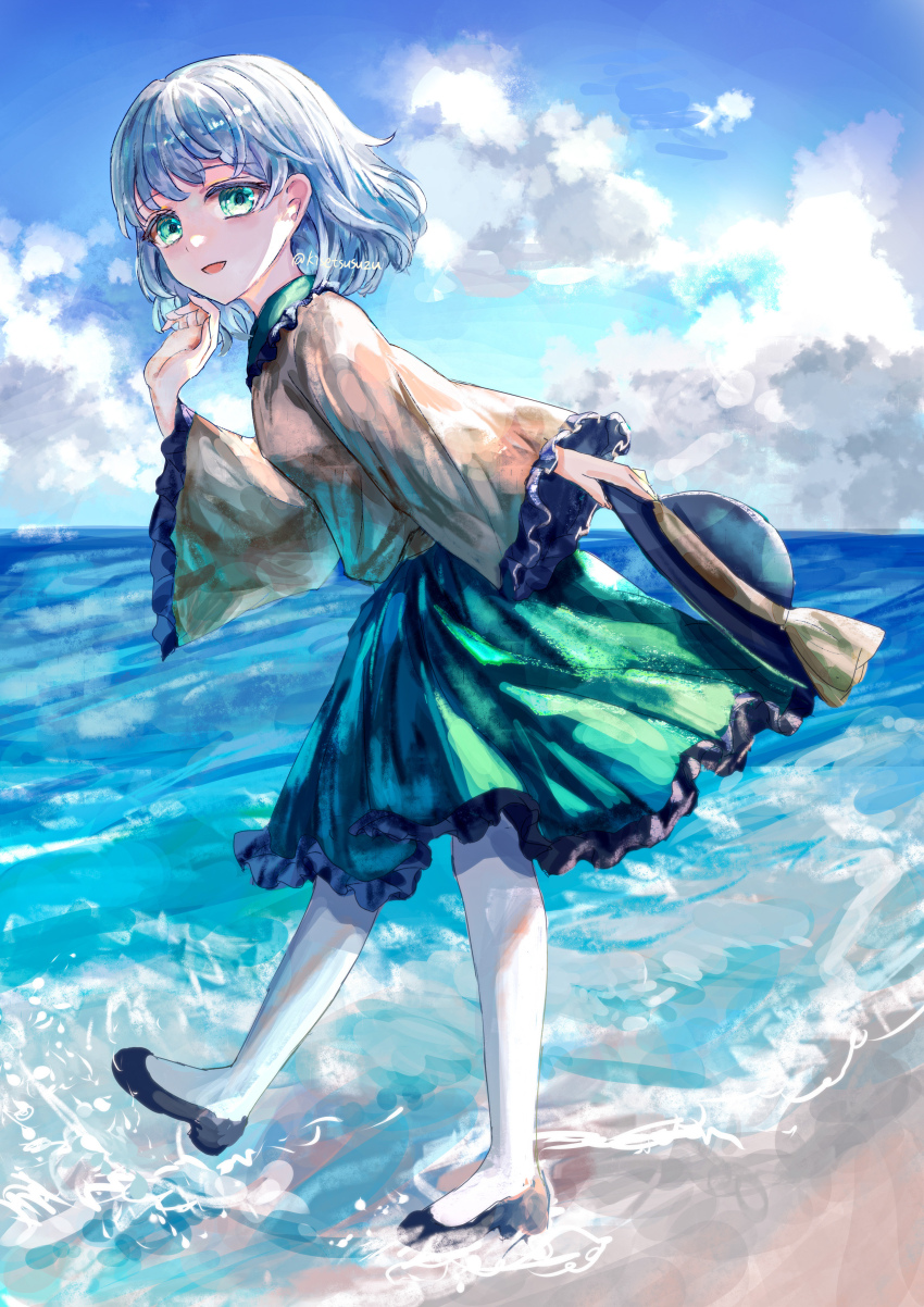 1girl absurdres artist_name beach bent_over black_hat black_shoes blouse blue_sky bow cloud day frilled_shirt_collar frilled_skirt frilled_sleeves frills full_body green_eyes green_skirt hat hat_bow highres holding holding_unworn_clothes holding_unworn_hat komeiji_koishi light_smile long_sleeves looking_at_viewer open_mouth outdoors pantyhose sand shirt shoes short_hair skirt sky solo suzushina touhou twitter_username unworn_hat unworn_headwear white_pantyhose wide_sleeves yellow_shirt