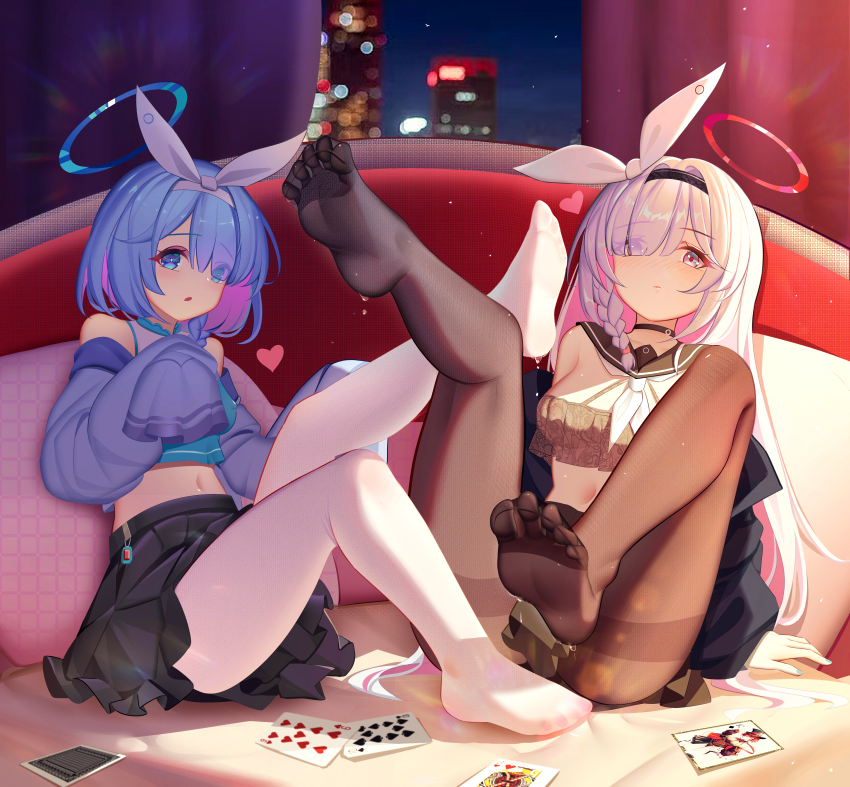 2girls plana_(blue_archive) absurdres arona_(blue_archive) black_pantyhose black_sailor_collar black_skirt blue_archive blue_halo blue_pupils blue_serafuku colored_inner_hair feet feet_up hairband halo highres leg_up long_hair looking_at_viewer luai multicolored_hair multiple_girls no_shoes pantyhose pink_halo poker red_pupils sailor_collar school_uniform serafuku short_hair skirt soles thighhighs toes white_pantyhose