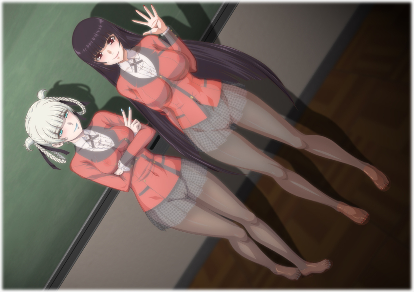 2girls aqua_eyes black_hair breasts chalkboard classroom full_body indoors jabami_yumeko kakegurui kaname_aomame large_breasts long_hair looking_at_viewer medium_breasts momobami_kirari multiple_girls smile standing
