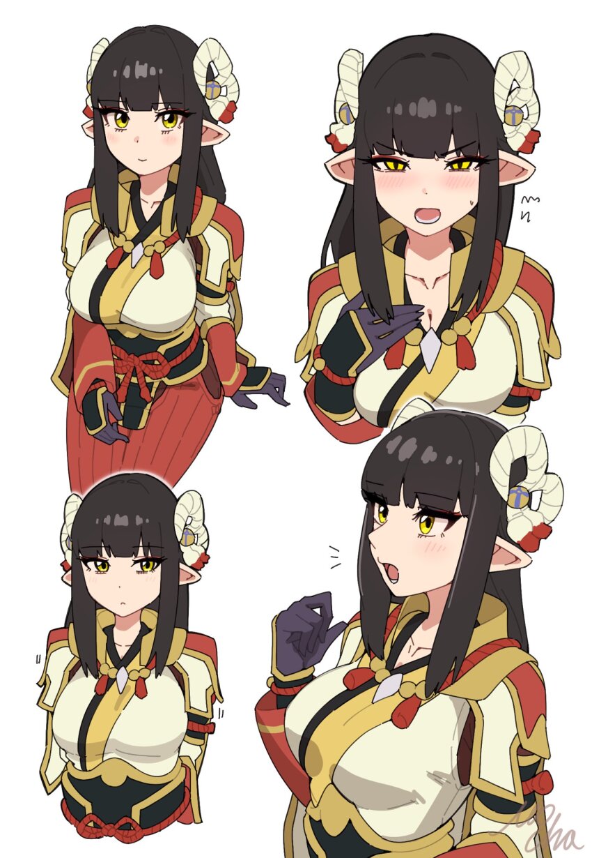 1girl :&lt; black_gloves black_hair blush breasts closed_mouth collarbone commentary_request gloves hair_ornament highres japanese_clothes kimono long_hair lower_teeth_only medium_breasts minoto mocha_mh monster_hunter_(series) monster_hunter_rise open_mouth pointy_ears simple_background smile sweatdrop teeth white_background yellow_eyes