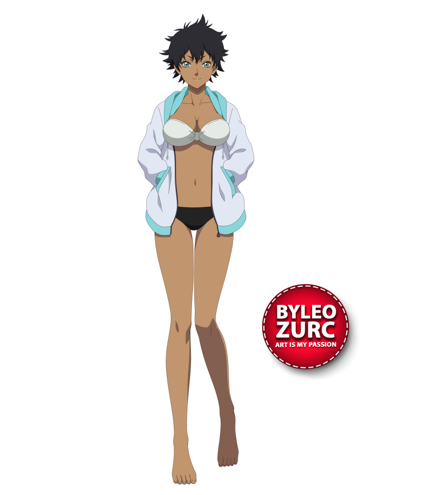 1girl barefoot black_clover black_hair bra breasts feet highres leozurcxxx panties short_hair smile sol_marron swimsuit tomboy transparent_background underwear