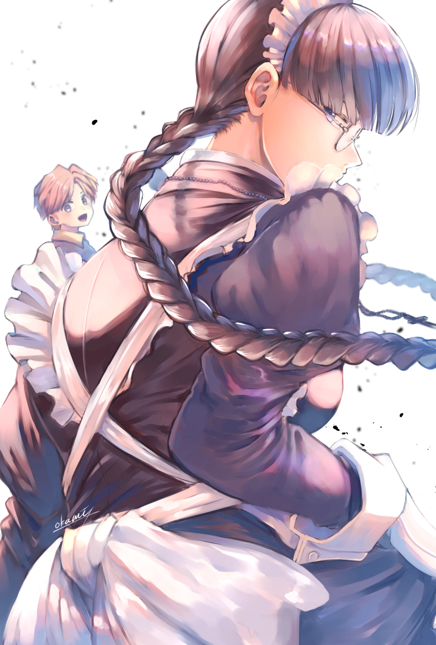 1boy 1girl apron black_dress black_hair black_lagoon blue_eyes braid dress garcia_lovelace highres looking_at_viewer low_twin_braids maid_apron maid_headdress roberta_(black_lagoon) round_eyewear tondamanuke twin_braids