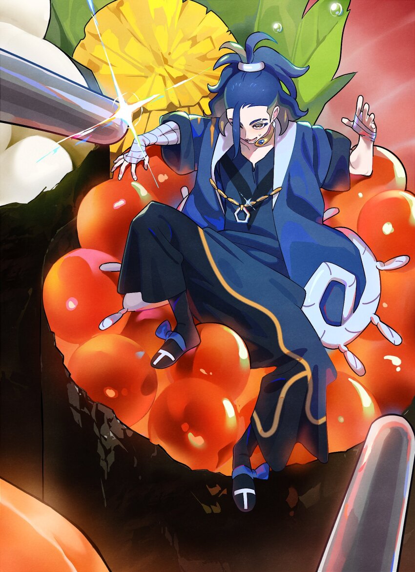 1boy 987645321o adaman_(pokemon) black_shoes blue_coat blue_hair brown_eyes chain chopsticks coat collarbone commentary_request eyebrow_cut food glint hand_wraps highres jewelry loose_hair_strand male_focus mini_person miniboy neck_ring nintendo open_mouth pokemon pokemon_legends:_arceus ponytail roe shoes smile solo