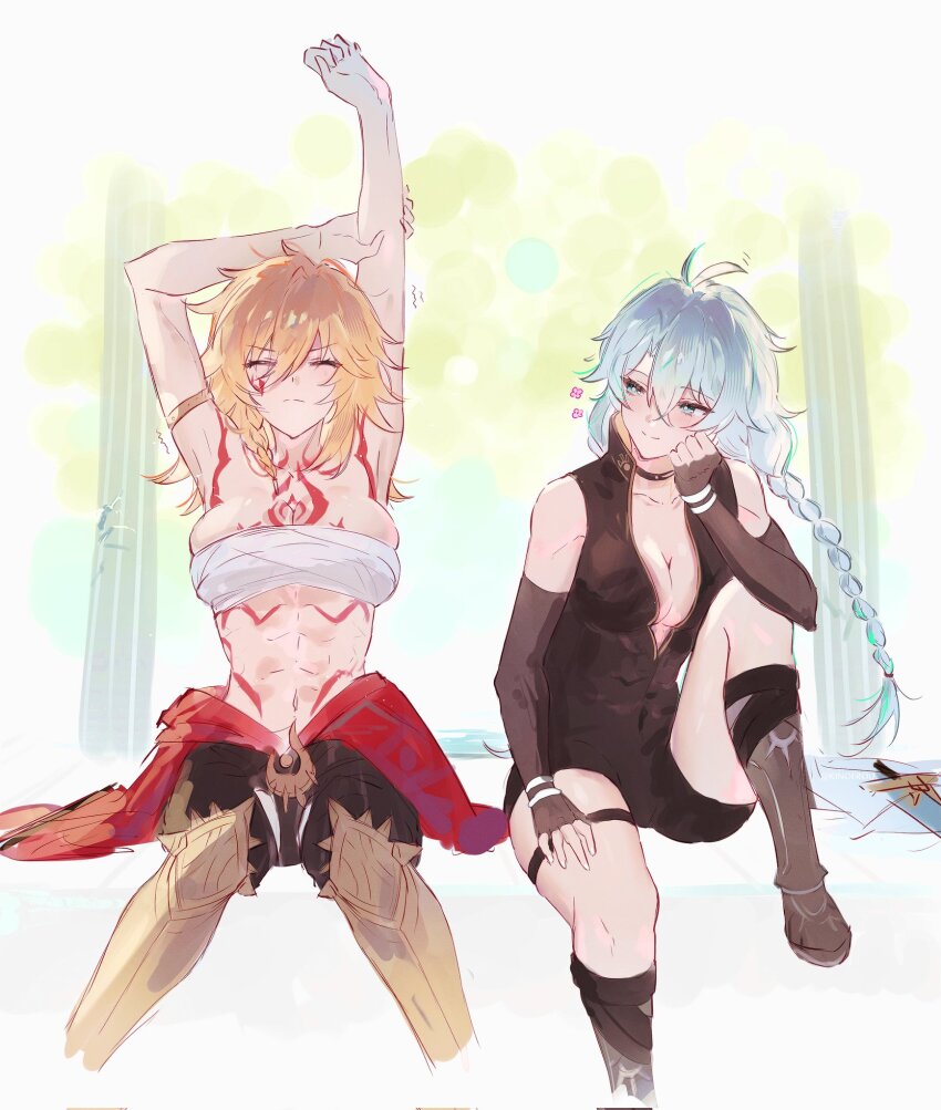 2girls armored_boots armpits black_bodysuit black_boots black_shorts blonde_hair blue_eyes bodysuit boots breast_tattoo breasts chest_sarashi commentary english_commentary facial_tattoo genderswap genderswap_(mtf) gold_boots highres honkai:_star_rail honkai_(series) kinoerou large_breasts long_braid long_hair looking_at_another multiple_girls mydei_(honkai:_star_rail) phainon_(honkai:_star_rail) sarashi shorts sitting stomach_tattoo stretching tattoo white_hair yuri