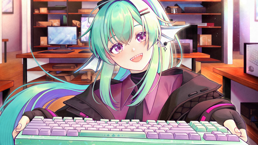 1girl :d a.cat absurdres aqua_hair commentary computer_keyboard earrings english_commentary finana_ryugu finana_ryugu_(3rd_costume) fins game_cg hair_between_eyes hair_ornament hairclip head_fins head_tilt high_ponytail highres holding_computer_keyboard jacket jacket_on_shoulders jewelry lazulight light_blush looking_at_viewer nijisanji nijisanji_en open_mouth ponytail purple_eyes scales sharp_teeth single_earring smile solo teeth virtual_youtuber