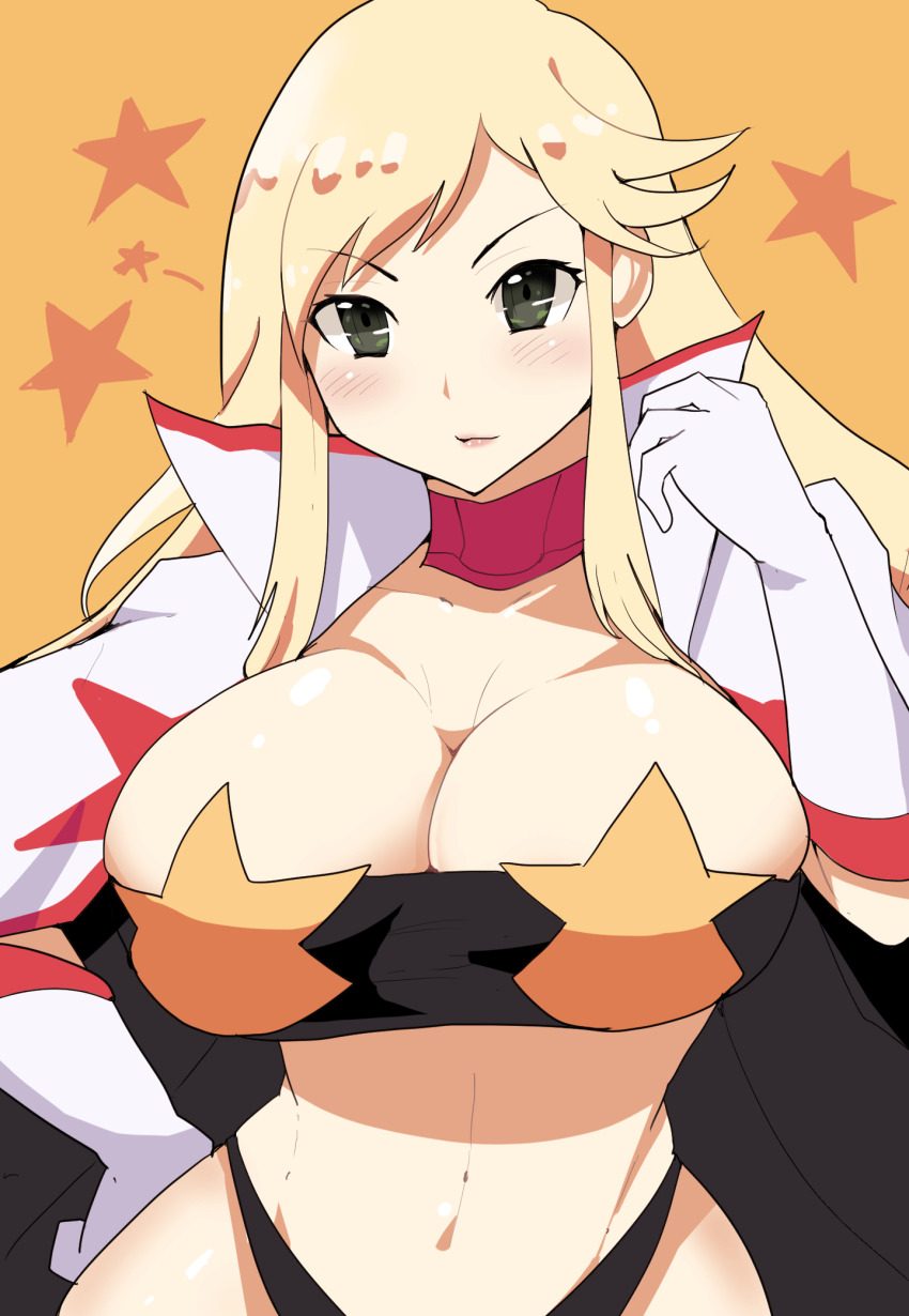 1girl blush breasts cleavage cosplay digimon female_focus highres large_breasts orimoto_izumi smile solo space_yoko space_yoko_(cosplay) star_(symbol) tengen_toppa_gurren_lagann yoko_littner yoko_littner_(cosplay)