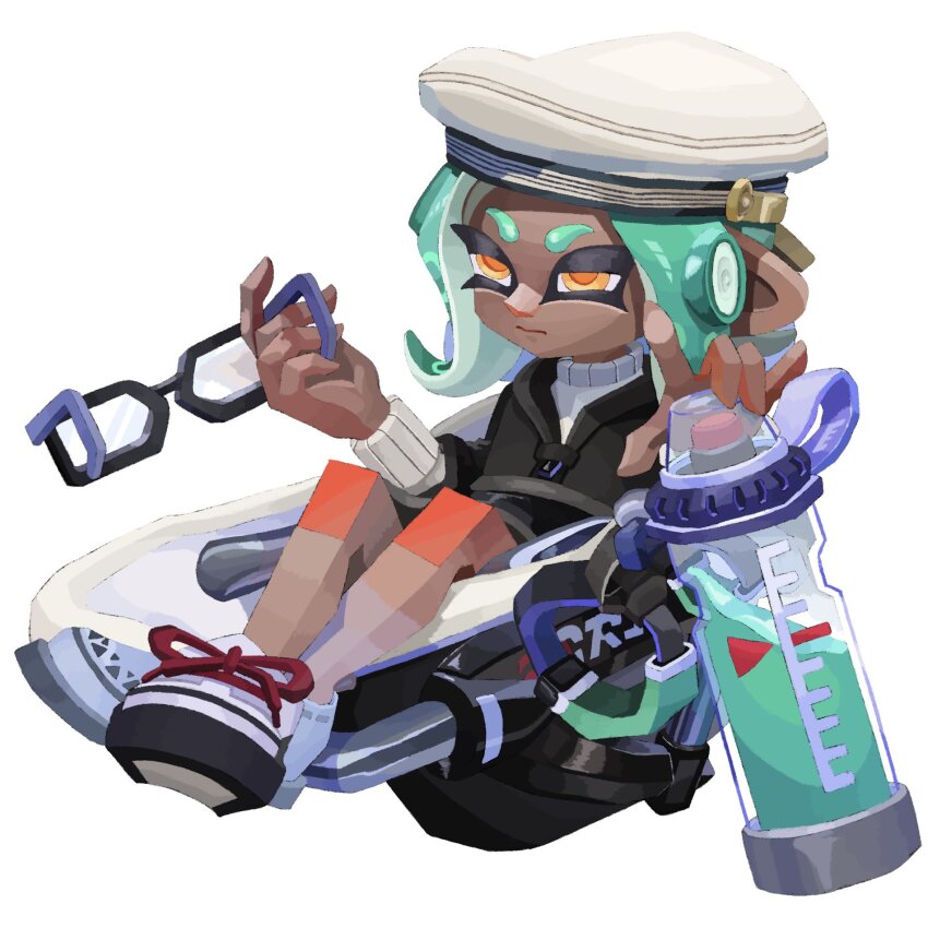 1girl 3: aqua_hair black_coat bloblobber_(splatoon) closed_mouth coat crossed_ankles dark-skinned_female dark_skin full_body glasses half-closed_eyes hat highres holding holding_removed_eyewear hyper_chikuwabu ink_tank_(splatoon) long_hair long_sleeves nintendo octoling octoling_girl octoling_player_character orange_pupils sailor_hat shoelaces simple_background sitting solo splatoon_(series) sweater tentacle_hair unworn_eyewear white_background white_footwear white_hat white_sweater yellow_eyes