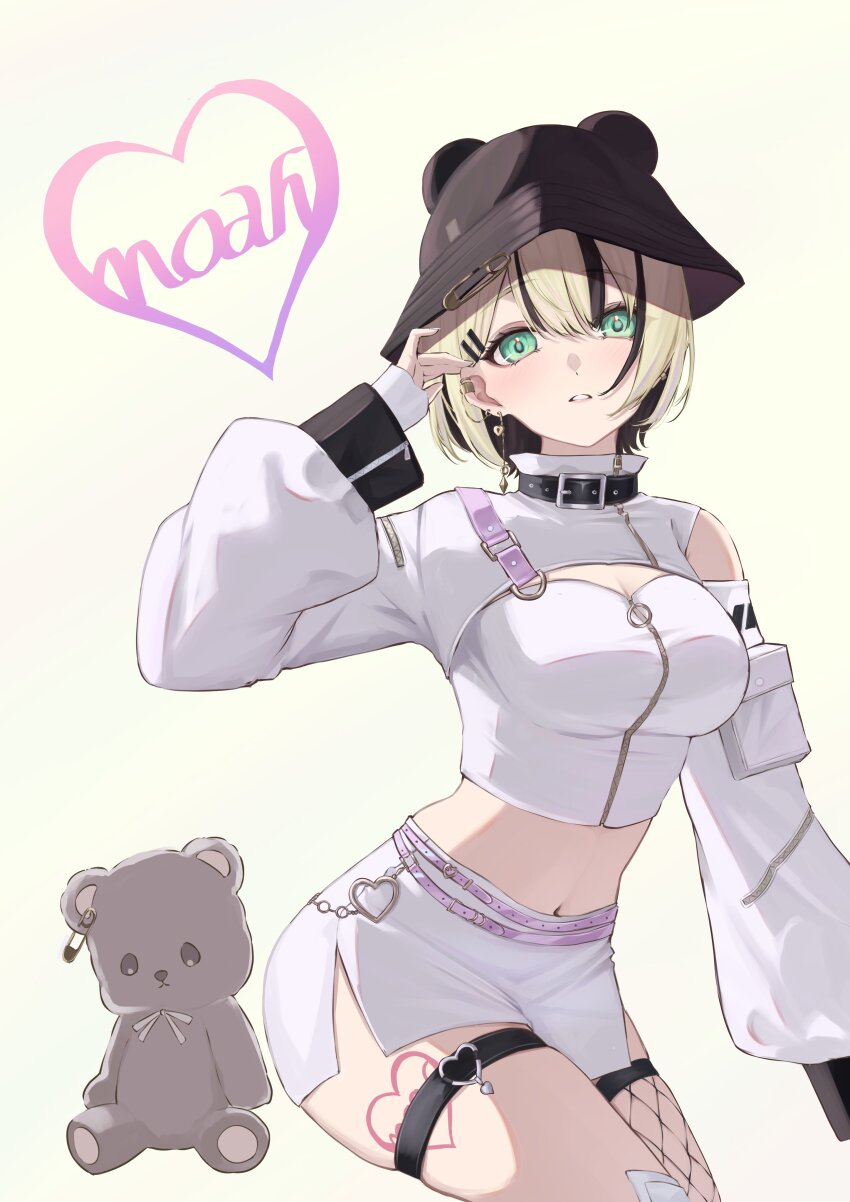 1girl absurdres asymmetrical_legwear asymmetrical_sleeves bear_hat belt black_choker black_hair blonde_hair bucket_hat chain character_name choker crop_top detached_sleeves ear_chain ear_piercing earrings feet_out_of_frame fishnets green_eyes hat heart-shaped_ornament highres jewelry kurumi_noah kurumi_noah_(7th_costume) leg_tattoo linked_piercing long_sleeves midriff multicolored_hair multiple_belts navel o-ring o-ring_thigh_strap piercing shirt shrug_(clothing) siro_o77 skindentation skirt solo standing strapless strapless_shirt streaked_hair stuffed_toy tattoo thigh_strap turtleneck_shrug virtual_youtuber vspo! white_background white_shirt white_shrug white_skirt zipper
