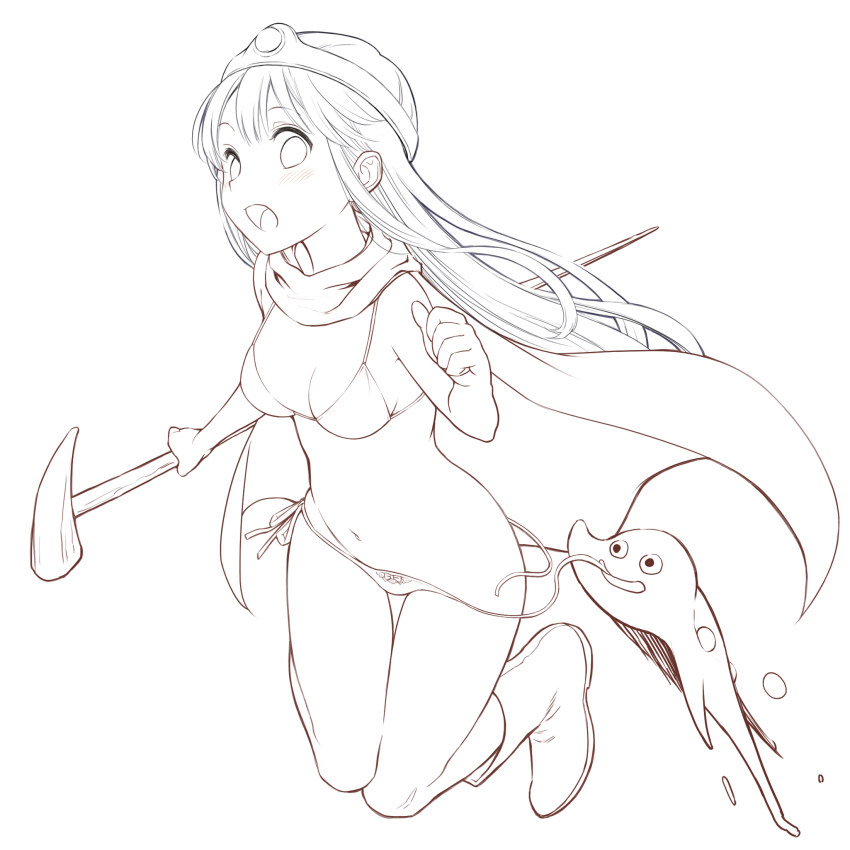 1girl :o assisted_exposure bikini boots bow bow_bikini breasts cape cleavage clenched_hands dragon_quest dragon_quest_iii full_body gem groin highres hip_focus holding jumping konoe_(vis9191) lineart liquid_metal_slime_(dq) long_hair monochrome monster navel open_mouth sage_(dq3) side-tie_bikini_bottom simple_background staff string_bikini surprised swimsuit thigh_gap tiara untied_bikini