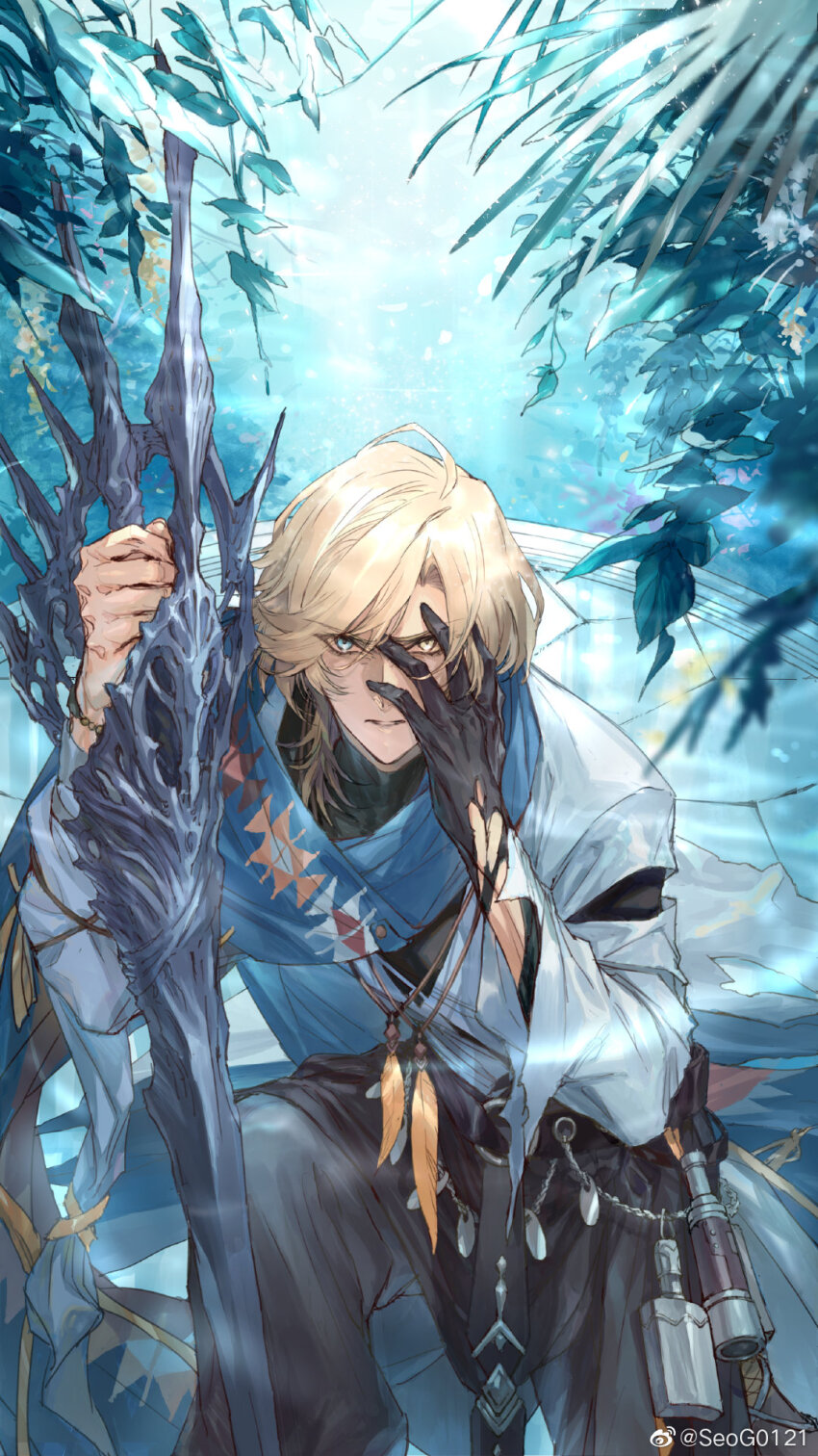 1boy aqua_eyes bead_bracelet beads belt belt_chain belt_pouch black_belt black_gloves black_pants black_undershirt blonde_hair blue_cloak bracelet cloak crack cracked_floor feather_necklace feet_out_of_frame furrowed_brow gloves grimace hand_on_own_face heterochromia highres hip_flask holding holding_polearm holding_weapon jewelry lance lars_rorschach lars_rorschach_(eden) leaning_on_weapon long_sleeves looking_at_viewer lovebrush_chronicles male_focus midriff_peek necklace o-ring o-ring_belt official_art on_one_knee pants parted_lips plant planted polearm pouch seomouse shirt short_hair single_glove sleeve_garter solo spyglass stomach_tattoo swept_bangs tattoo torn_clothes torn_gloves torn_shirt turtleneck waist_cape water watermark weapon weibo_watermark white_shirt yellow_eyes