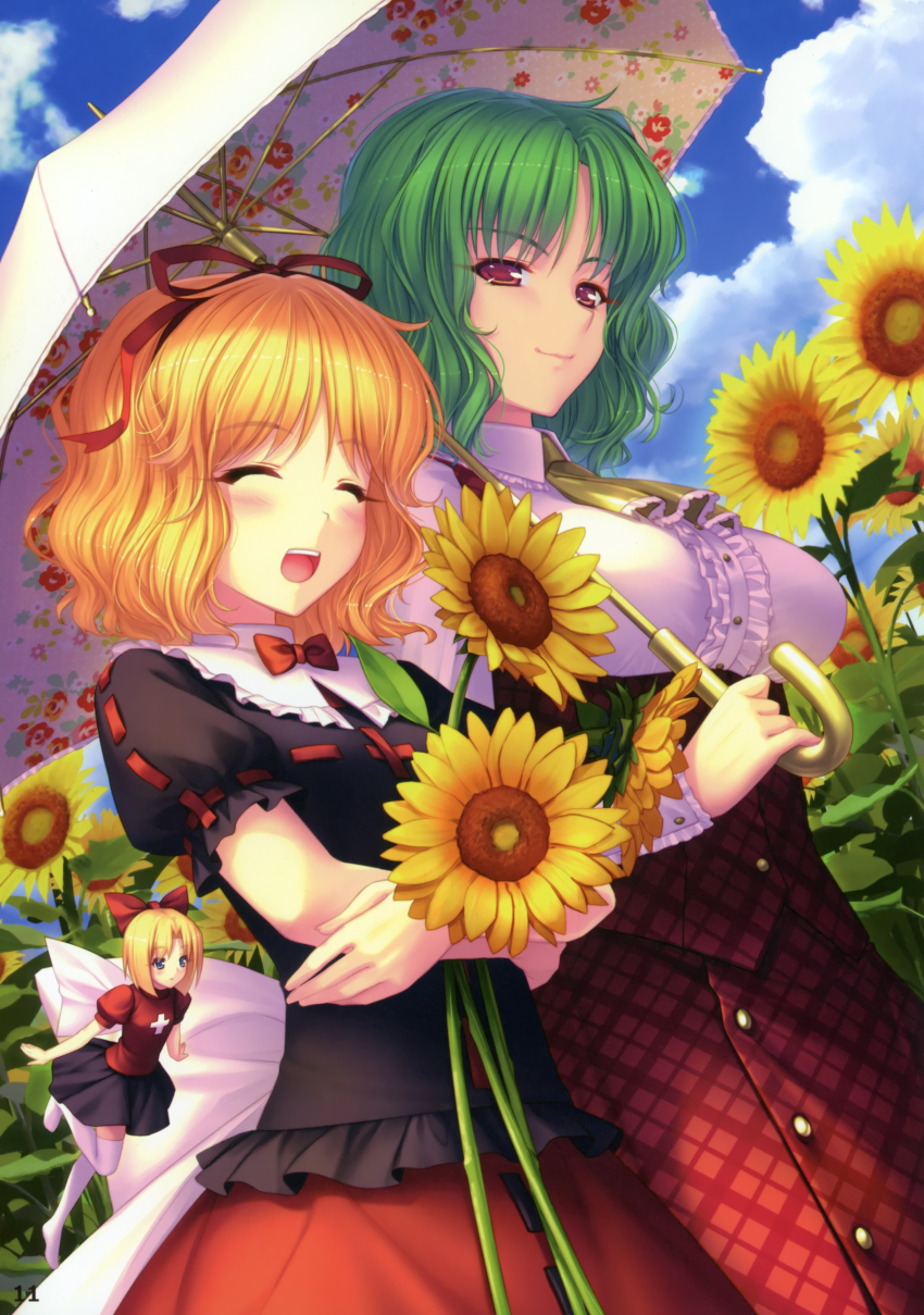 2girls absurdres ascot blonde_hair blush bow breasts cloud crossed_arms day doll dutch_angle female_focus field flower flower_field green_hair hair_bow hair_ribbon happy highres holding holding_flower kazami_yuuka large_breasts medicine_melancholy multiple_girls nature open_mouth plaid_clothes plaid_skirt plaid_vest red_eyes ribbon ribbon-trimmed_shirt ribbon_trim sayori_(neko_works) shirt skirt skirt_set smile su-san sunflower sunflower_field thighhighs touhou umbrella underbust vest walking white_legwear