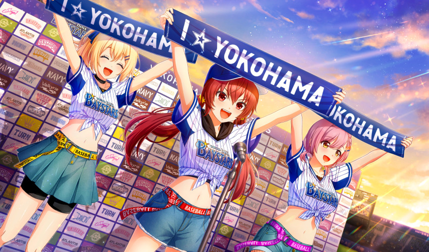 3girls :d ^_^ agatsuma_sora arms_up baseball_stadium baseball_uniform belt bike_shorts_under_skirt black_choker black_shorts black_undershirt blonde_hair blue_bow blue_shorts blue_skirt bow choker cinderella_series closed_eyes cloud dutch_angle film_grain game_cg hachigatsu_no_cinderella_nine hair_bow hair_ornament hairclip high_ponytail highres holding holding_towel light_particles light_rays long_hair looking_ahead low_twintails microphone microphone_stand multiple_girls navel nippon_professional_baseball non-web_source official_alternate_hairstyle official_art open_mouth orange_sky outdoors pink_hair pleated_skirt ponytail purple_belt red_belt red_eyes red_hair sakurada_chiyo scoreboard shirt shirt_under_shirt short_sleeves shorts skirt sky smile sparkle sportswear standing striped_clothes striped_shirt sunbeam sunlight takanashi_yuzu teeth tied_shirt towel twintails upper_teeth_only v-shaped_eyebrows yellow_belt yellow_eyes yokohama_dena_baystars