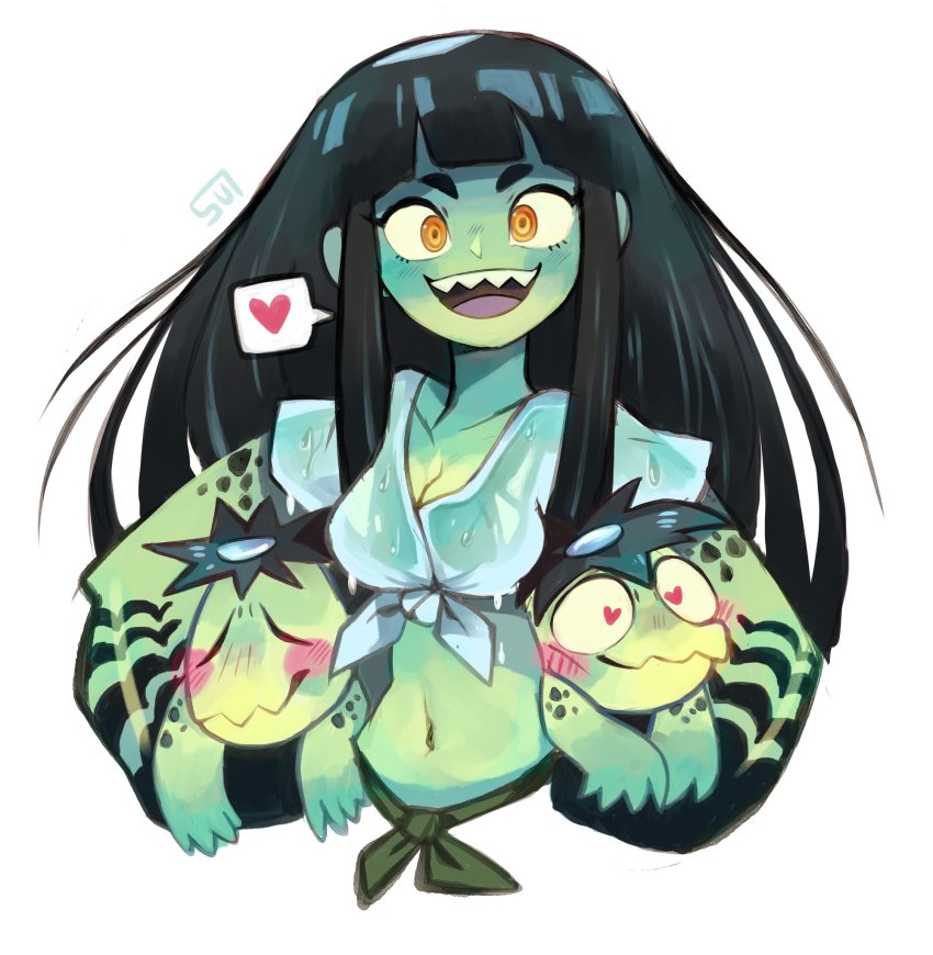 1girl 2boys :d black_hair blush borrowed_character breasts carrying carrying_under_arm cleavage colored_skin frog_girl green_skin heart heart-shaped_pupils highres kappa kawakichi_(rariatto) long_hair looking_at_viewer medium_breasts midriff monster_girl multiple_boys navel neneko_(rariatto) open_mouth orange_eyes original sanataro_(rariatto) sharp_teeth shirt simple_background smile spoken_heart sui_(suizilla) symbol-shaped_pupils teeth tied_shirt upper_teeth_only wet wet_clothes wet_shirt white_background yellow_eyes