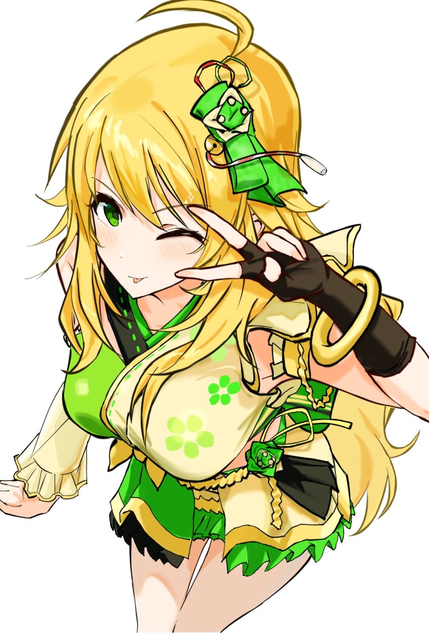 1girl ;p ahoge black_gloves blonde_hair breasts closed_mouth fingerless_gloves gloves green_eyes hand_up highres hoshii_miki idolmaster idolmaster_(classic) leaning_forward long_hair looking_at_viewer one_eye_closed simple_background single_fingerless_glove solo standing tongue tongue_out v white_background zenoo
