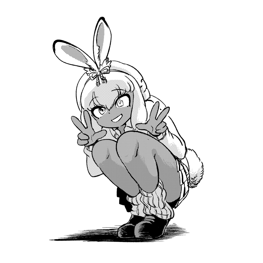 1girl alternate_costume animal_ears bow collared_shirt dark_skin double_v full_body greyscale gyaru hair_between_eyes hair_bow heterochromia highres kemono_friends loafers long_sleeves looking_at_viewer loose_socks mcgunngu monochrome pleated_skirt rabbit_ears rabbit_girl rabbit_tail school_uniform shirt shoes short_hair sidelocks skirt smile socks solo squatting tail tsukuyomi_shinshi_(kemono_friends) v