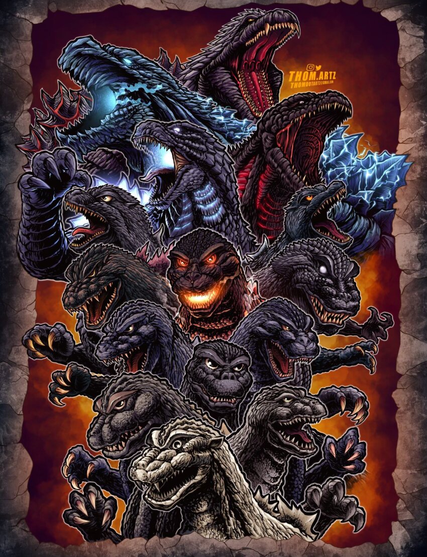 blue_electricity blue_eyes burning_godzilla claws crossover dinosaur electricity energy everyone extra_teeth fangs giant giant_monster gills glowing glowing_eyes glowing_gills glowing_mouth glowing_spikes godzilla godzilla,_mothra_and_king_ghidorah:_giant_monsters_all-out_attack godzilla:_final_wars godzilla:_king_of_the_monsters godzilla:_planet_of_the_monsters godzilla_(1954) godzilla_(series) godzilla_(shin) godzilla_against_mechagodzilla godzilla_earth godzilla_singular_point godzilla_ultima godzilla_vs._destoroyah godzilla_vs._megaguirus godzilla_vs._megalon_(1973) godzilla_vs._mothra highres kaiju king_kong_(series) king_kong_vs._godzilla legendary_pictures monster monsterverse mothra_vs._godzilla multiple_persona no_humans no_pupils open_mouth orange_eyes roaring sharp_teeth shin_godzilla signature smoke spikes steam teeth textless_version the_return_of_godzilla thomdotartz toho tongue white_eyes yellow_eyes