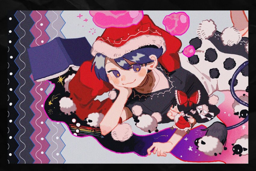 2girls :3 abstract_background black_border black_dress black_hair blob blush book border bow closed_mouth commentary_request counting_sheep doremy_sweet dress feet_out_of_frame grey_background hair_bow hakurei_reimu hat head_rest highres jumping long_hair looking_at_viewer lying mini_person minigirl minimized multiple_girls nanji_shao nightcap on_stomach open_book pom_pom_(clothes) purple_eyes purple_hair rainbow red_bow red_hat red_skirt red_vest sheep shooting_star short_hair short_sleeves size_difference skirt smile sparkle star_(symbol) tail touhou two-tone_dress vest white_dress