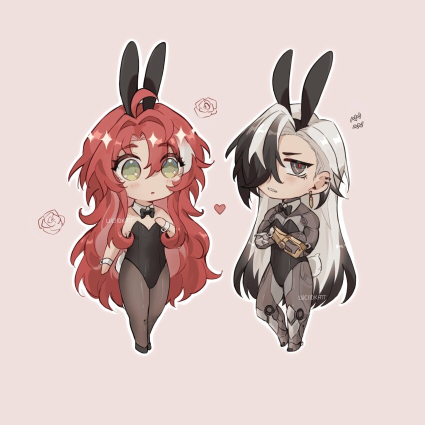 2boys :o ahoge animal_ears argenti_(honkai:_star_rail) artist_name bare_shoulders black_bow black_bowtie black_eyes black_hair black_hairband black_leotard black_shoes blush boothill_(honkai:_star_rail) bow bowtie brown_pantyhose bullet_earrings chibi chibi_only clenched_teeth collarbone commentary crossdressing crossed_arms crossed_bangs crosshair_pupils cyborg detached_collar ear_piercing earrings eyelashes fake_animal_ears fake_tail flower gold_earrings green_eyes hair_between_eyes hair_intakes hair_over_one_eye hairband hand_up heart highleg highleg_leotard highres honkai:_star_rail honkai_(series) jewelry leotard long_hair looking_at_viewer luciidkatt male_focus male_playboy_bunny mole mole_under_eye multicolored_hair multiple_boys one_eye_covered open_mouth outline pantyhose parted_bangs piercing pink_background playboy_bunny rabbit_boy rabbit_ears rabbit_tail red_hair red_pupils rose sharp_teeth shoes sidelocks simple_background standing strapless strapless_leotard streaked_hair symbol-only_commentary tail teeth v-shaped_eyebrows very_long_hair white_hair white_outline wing_collar wrist_cuffs
