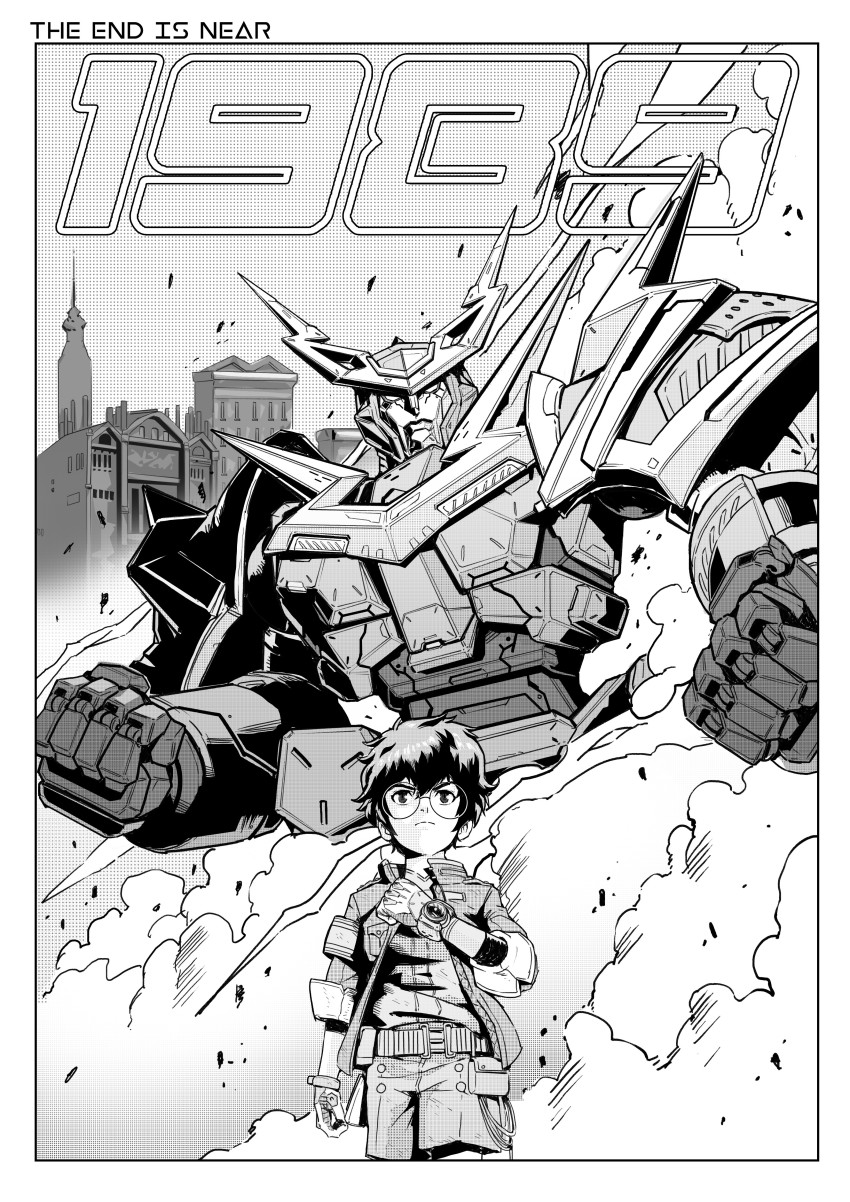 1boy absurdres belt clenched_hands commentary english_commentary english_text frown gigabash glasses greyscale highres jacket keen_fai looking_up male_focus mecha monochrome otoma_yuuki passion_republic_games robot round_eyewear shorts smoke super_robot thundatross v-fin v-shaped_eyebrows