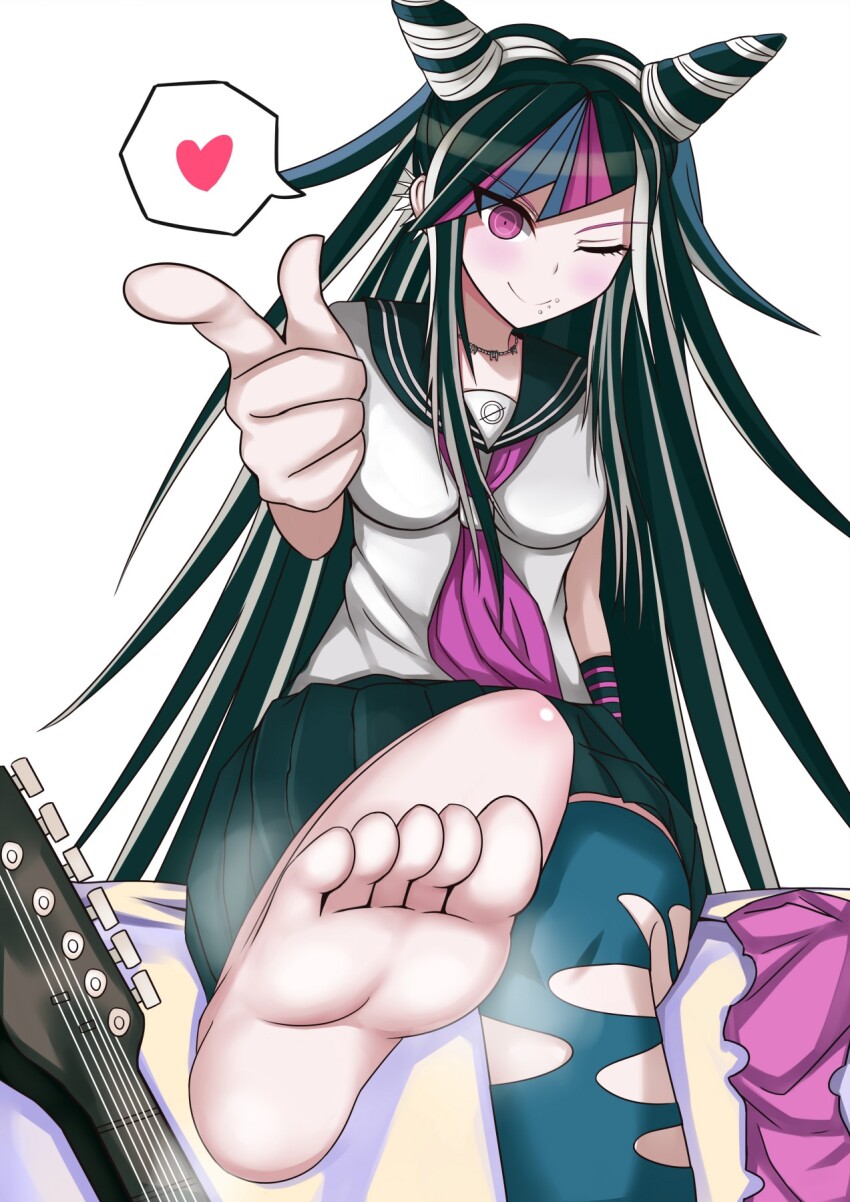 1girl ;) asymmetrical_legwear barefoot black_hair blue_hair breasts closed_mouth commentary_request convenient_leg danganronpa_(series) danganronpa_2:_goodbye_despair ear_piercing face_piercing feet foot_focus gloves hair_horns heart highres jewelry legs long_hair looking_at_viewer medium_breasts mioda_ibuki mismatched_legwear mouth_piercing multicolored_hair neckerchief necklace on_bed one_eye_closed otono_fei piercing pink_eyes pink_hair pink_neckerchief pleated_skirt pointing pointing_at_viewer ringed_eyes sailor_collar school_uniform serafuku shirt short_sleeves simple_background single_thighhigh sitting skirt smell smile soles solo spoken_heart steam steaming_body streaked_hair striped_clothes striped_gloves thighhighs toes torn_clothes torn_thighhighs triple_side_labret_piercing unworn_thighhighs variant_set very_long_hair white_background white_hair white_shirt