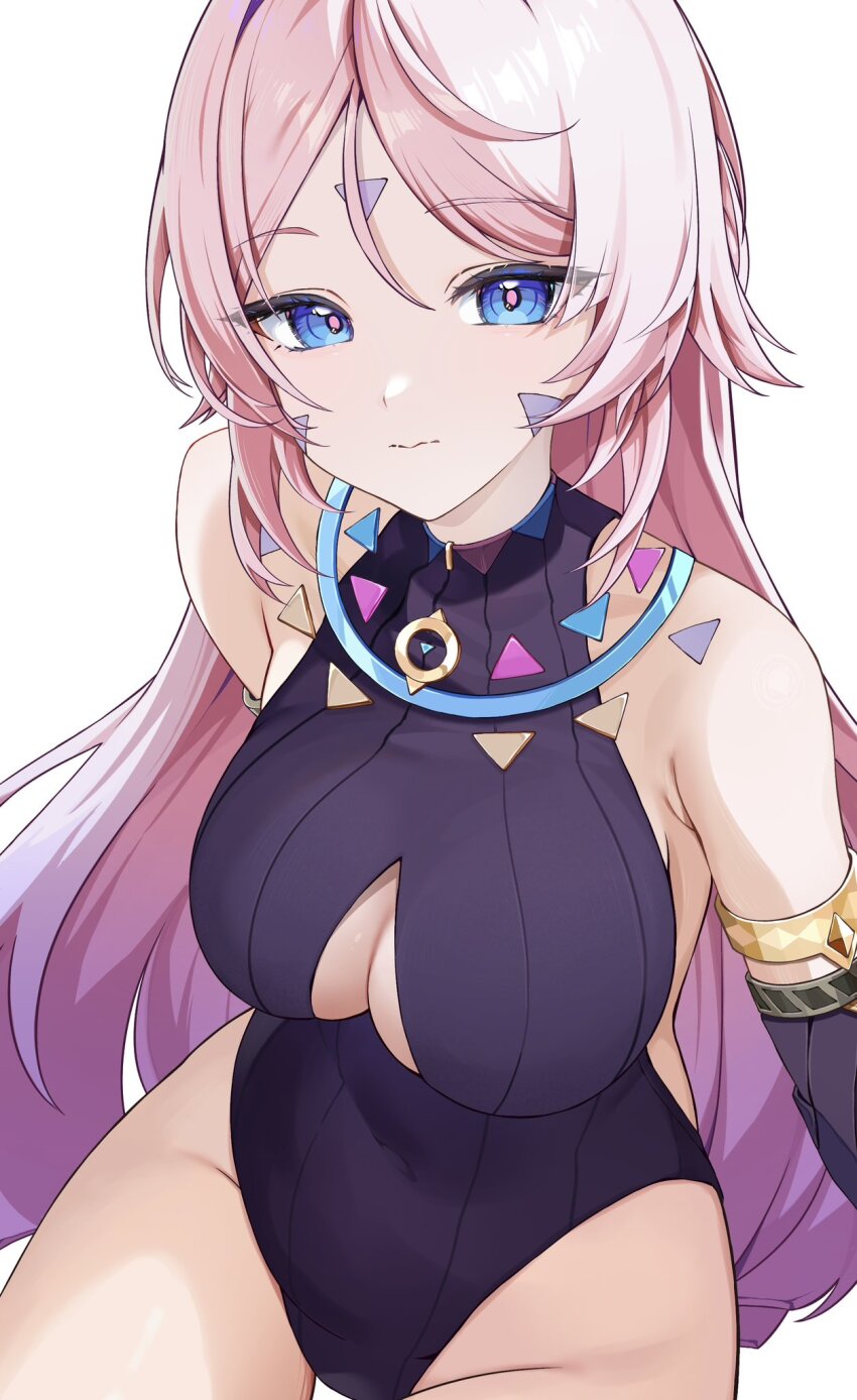 1girl armlet bare_shoulders blue_eyes blush breasts chobonu citlali_(genshin_impact) closed_mouth commentary covered_navel detached_sleeves facial_mark forehead_mark genshin_impact highres jewelry large_breasts leotard long_hair looking_at_viewer pink_hair pink_pupils purple_leotard purple_sleeves ribbed_leotard ribbed_sleeves see-through_collar simple_background solo symbol-only_commentary thighs triangle triangle_facial_mark usekh_collar white_background
