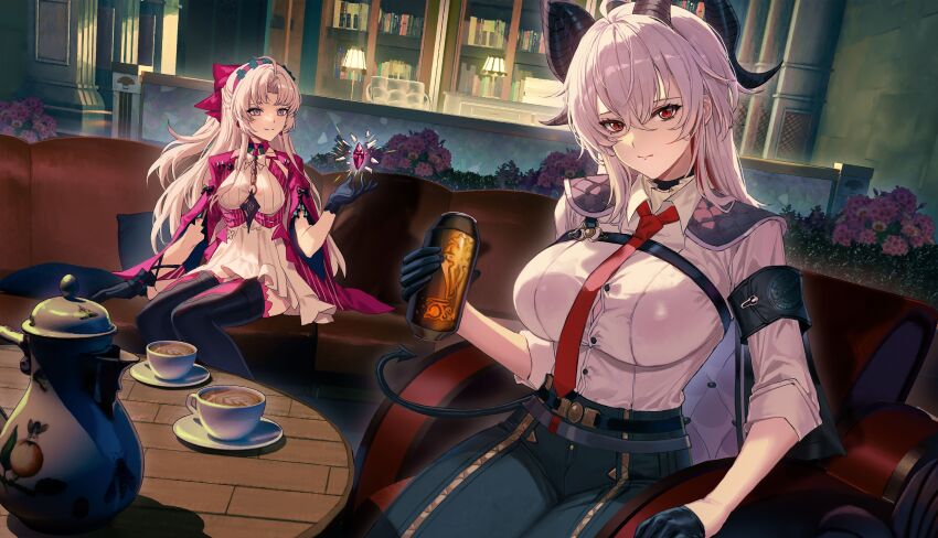 2girls absurdres black_gloves black_horns black_jacket black_pants bow breasts button_gap can carlotta_(wuthering_waves) chest_harness closed_mouth commentary_request crystal cup curled_horns dress drink_can earrings gloves grey_hair hair_between_eyes hair_bow hand_up harness high-waist_pants highres holding holding_can horns jacket jacket_on_shoulders jewelry korean_commentary large_breasts latte_art long_hair looking_at_viewer medium_breasts molyb multicolored_hair multiple_girls necktie pants pink_bow pink_jacket red_eyes red_necktie shirt_tucked_in sitting smile streaked_hair tight_clothes tight_pants white_dress wuthering_waves zani_(wuthering_waves)