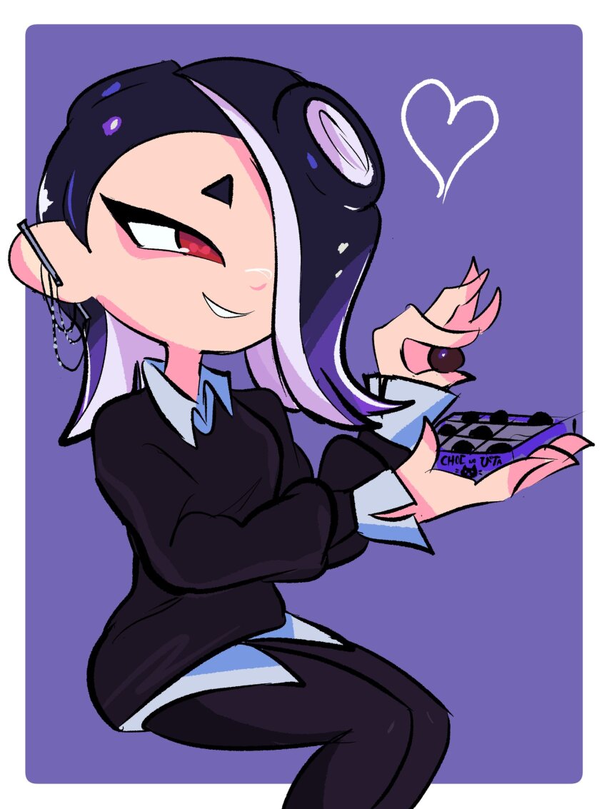 1girl black_pants black_sweater blue_hair chocolate commentary earclip food hair_over_one_eye hashtag-only_commentary heart highres holding holding_chocolate holding_food invisible_chair nintendo octoling pants red_eyes shirt shiver_(splatoon) sitting sleeves_past_wrists smile solo splatoon_(series) splatoon_3 sukaru sweater tentacle_hair untucked_shirt white_shirt