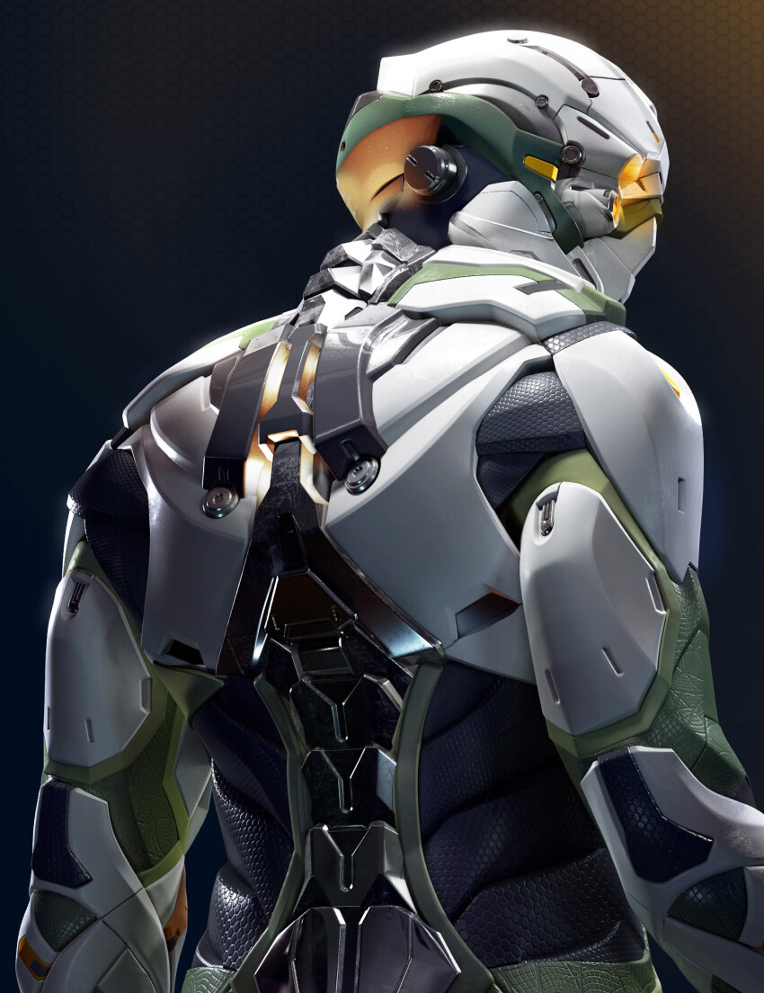 1boy 3d armor back commentary dark_background dust_514 eve_online from_behind gallente_federation_(eve_online) glowing helmet highres honeycomb_(pattern) honeycomb_background juliadream male_focus maya_(medium) photoshop_(medium) realistic science_fiction solo upper_body