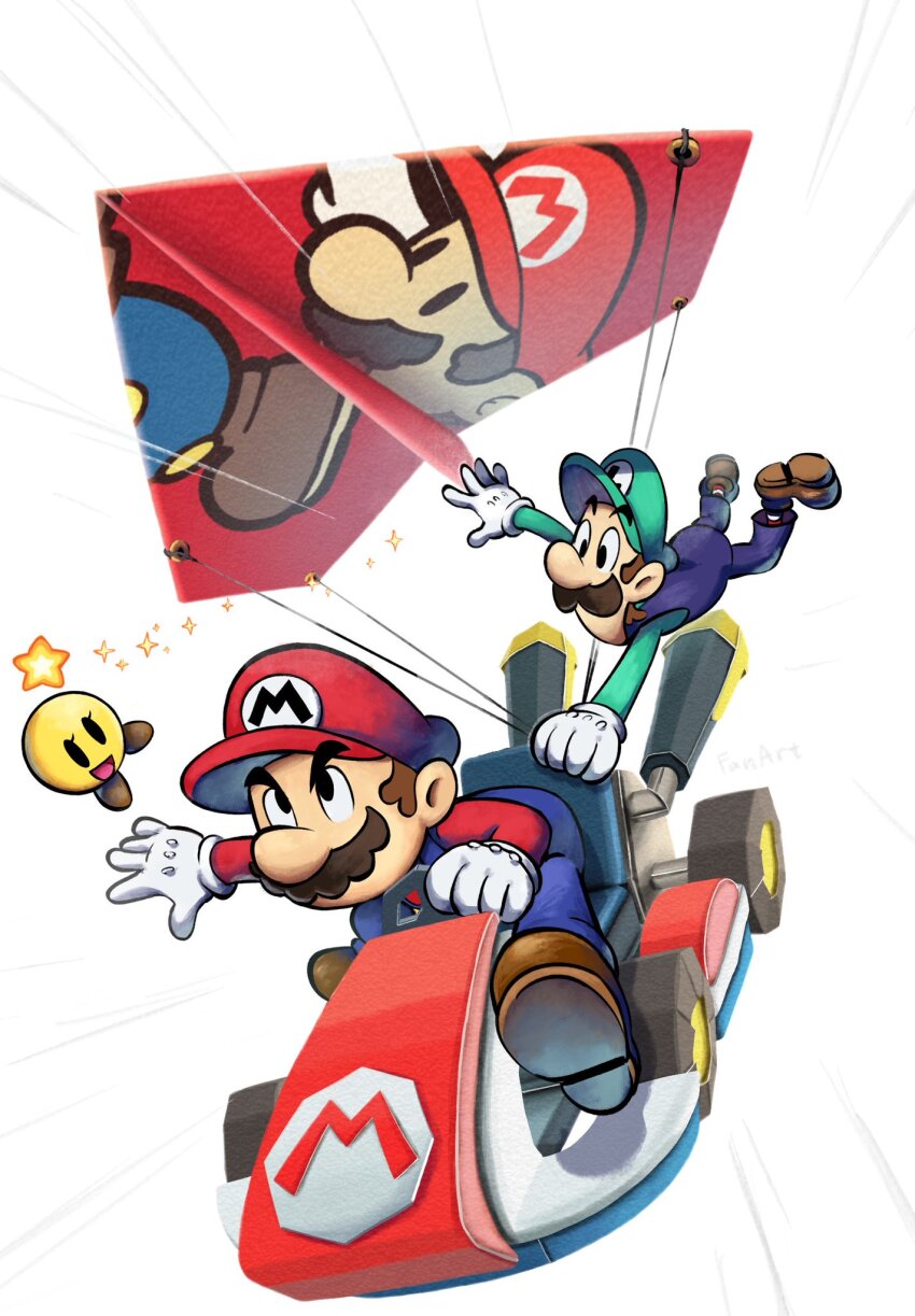 1girl 2boys blue_overalls brown_hair facial_hair gloves go-kart green_hat green_shirt hat highres holding long_sleeves luigi mario mario_&amp;_luigi:_paper_jam mario_&amp;_luigi_rpg mario_(series) mario_kart motor_vehicle multiple_boys nintendo overalls parachute red_hat red_shirt shirt shoes sitting sparkle starlow white_background white_gloves ya_mari_6363