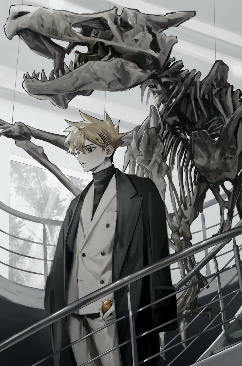 1boy aerodactyl aged_up black_coat black_eyes blue_oak brown_hair closed_mouth coat coat_on_shoulders game_freak gen_1_pokemon hair_ornament highres holding indoors jacket male_focus museum nintendo old_amber pants pokemon pokemon_(creature) pokemon_rgby sekaiitinoki short_hair skeleton solo spiked_hair stairs standing white_jacket white_pants