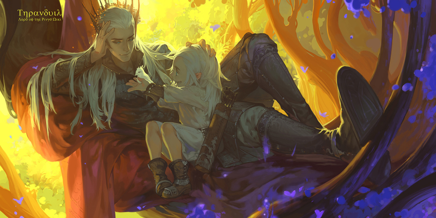 2boys arrow_(projectile) blonde_hair blue_eyes boots child elf family father_and_son hunsay in_tree king tolkien&#039;s_legendarium legolas long_hair manly middle_earth multiple_boys pointy_ears prince quiver sitting the_hobbit the_lord_of_the_rings thranduil tree