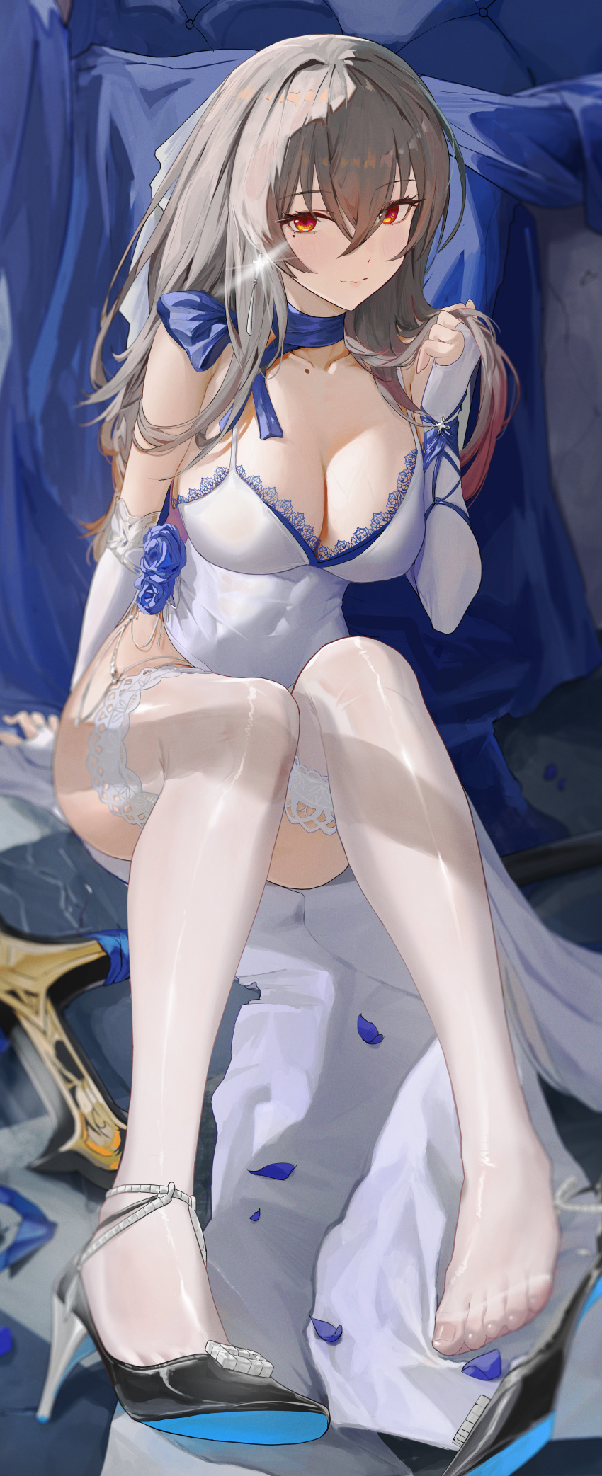 1girl absurdres azur_lane bare_shoulders blue_scarf breasts cleavage collarbone commentary dress elbow_gloves evening_gown full_body gloves grey_hair hair_between_eyes high_heels highres lace lace-trimmed_thighhighs lace_trim large_breasts mole mole_under_eye official_alternate_costume qualia_(quaquaqualia) red_eyes saint-louis_(azur_lane) saint-louis_(holy_knight&#039;s_resplendence)_(azur_lane) scarf sitting sleeveless sleeveless_dress solo thighhighs white_dress white_thighhighs