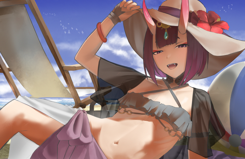1girl absurdres ball beach beachball bikini blue_sky bracelet breasts bridal_gauntlets brown_hat collarbone eyeliner fate/grand_order fate_(series) flower grey_bikini half-closed_eyes hat hat_flower headpiece highres horns jewelry looking_at_viewer lying makeup navel on_side oni open_mouth purple_eyes purple_hair raphael_(rglvvv) sarong see-through_clothes see-through_sleeves shore short_hair short_sleeves shuten_douji_(fate) skin-covered_horns sky small_breasts smile solo sun_hat swimsuit