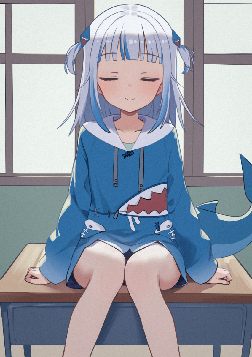 1girl absurdres animal_costume blue_hair blue_hoodie closed_eyes closed_mouth desk fins fish_tail gawr_gura gawr_gura_(1st_costume) grey_hair hair_ornament highres hololive hololive_english hood hoodie lumina_(1umin4) medium_hair multicolored_hair on_desk school_desk shark_costume shark_girl shark_hair_ornament shark_tail sitting smile solo streaked_hair tail two_side_up virtual_youtuber