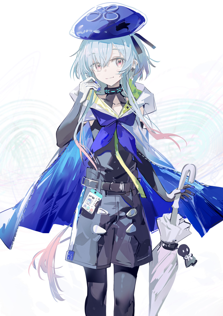 1boy absurdres arknights beret black_pantyhose blue_hair blue_hat closed_mouth closed_umbrella elbow_gloves gloves hat highres holding holding_umbrella luozhou_pile male_focus mizuki_(arknights) multicolored_hair pantyhose pink_eyes pink_hair pink_streaks short_hair_with_long_locks smile solo standing umbrella white_background
