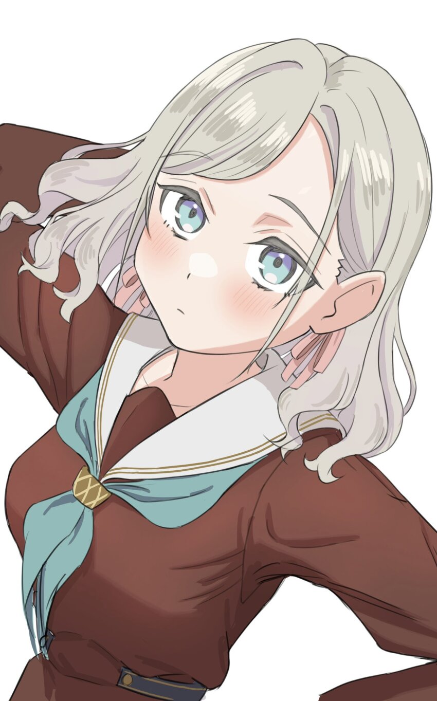 1girl aqua_neckerchief arm_up blue_eyes blush breasts brown_dress ceras_yanagida_lilienfeld closed_mouth collarbone commentary dress expressionless grey_hair hair_ribbon hasu_no_sora_school_uniform highres large_breasts link!_like!_love_live! long_hair long_sleeves looking_at_viewer love_live! neckerchief pink_ribbon ribbon sailor_collar sailor_dress school_uniform scratching_head simple_background solo swept_bangs upper_body virtual_youtuber w wavy_hair white_background white_sailor_collar winter_uniform wotan_(wotandesu)