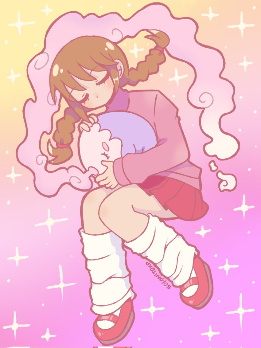 1girl braid brown_hair character_request closed_eyes corrupted_twitter_file creature dot_nose from_above full_body gradient_background hair_ornament hair_scrunchie highres holding holding_creature hug leg_warmers long_hair long_sleeves low_twin_braids lying madotsuki mary_janes no_mouth on_side pink_sweater purple_background red_shoes red_skirt scrunchie shoes simple_background skirt sleeping socks sofo_soup solo sparkle sweater twin_braids twitter_username two-tone_background white_leg_warmers white_socks yellow_background yume_nikki