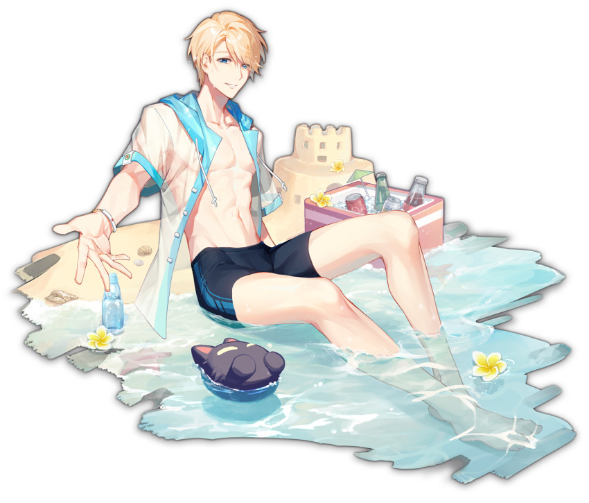 1boy akechi_hideki beach black_jammers black_male_swimwear blonde_hair blue_eyes bracelet jammers jewelry looking_at_viewer mahjong_soul male_focus male_swimwear sand sand_castle sand_sculpture sitting smile solo swimsuit tachi-e topless_male transparent_background yostar
