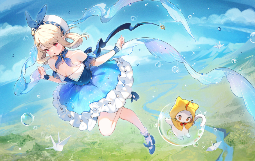 1girl :o animal back_bow bare_shoulders beads beret blonde_hair blue_bow blue_bowtie blue_brooch blue_choker blue_dress blue_footwear blue_sky blue_sleeves blue_wrist_cuffs bow bow_choker bowtie breasts brown_eyes bubble bubbly_voyage_(infinity_nikki) buttons cat choker cleavage cloak clothed_animal cloud collared_dress commentary day detached_sleeves dot_nose dress ear_covers english_commentary eyelashes field floating_clothes floating_hair flying footwear_bow frilled_dress frilled_sleeves frilled_socks frilled_wrist_cuffs frills full_body gradient_clothes gradient_dress hair_ornament hair_rings hairclip hat hat_bow hat_ornament high_heels highres hood hood_up hooded_cloak infinity_nikki light_blush light_particles long_hair looking_at_viewer momo_(nikki) mountainous_horizon nikki_(nikki) nikki_(series) open_mouth origami outdoors paper_crane pleated_skirt pumps red_bow red_bowtie river short_dress short_sleeves sidelocks skirt sky small_breasts socks sparkle star_(symbol) star_hat_ornament traditional_bowtie white_cat white_hat white_socks wrist_cuffs yellow_cloak yenkoes