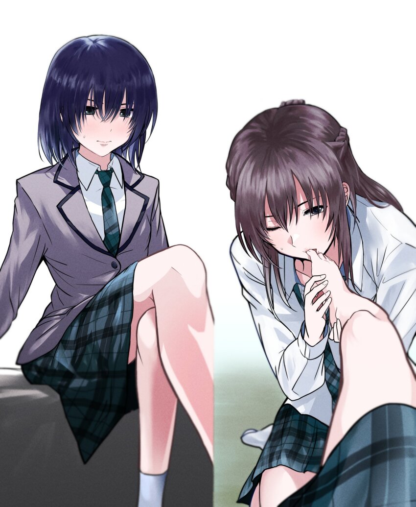2girls barefoot black_eyes blue_hair blush brown_hair collared_shirt commentary_request green_necktie green_skirt grey_jacket highres holding_another&#039;s_foot jacket lr6fko4upypf9hv medium_hair miyagi_shiori multiple_girls necktie one_eye_closed plaid_clothes plaid_skirt pleated_skirt sendai_hazuki shirt shuuniichido_classmate_wo_kau_hanashi single_sock skirt socks sweatdrop toe_sucking toes white_shirt white_socks yuri