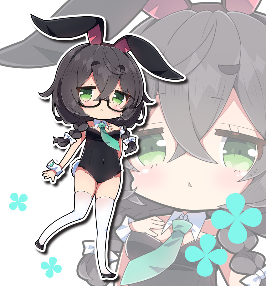 1girl :&lt; absurdres animal_ears bare_shoulders black-framed_eyewear black_hair black_hairband black_leotard black_shoes bow braid breasts cevio chibi closed_mouth commentary_request glasses green_eyes green_necktie hair_between_eyes hair_bow hairband hanakuma_chifuyu highres leotard low_twintails medium_breasts milkpanda multiple_views necktie outline parted_lips playboy_bunny rabbit_ears semi-rimless_eyewear shoes short_eyebrows simple_background standing standing_on_one_leg strapless strapless_leotard synthesizer_v thick_eyebrows thighhighs triangle_mouth twin_braids twintails under-rim_eyewear white_background white_bow white_outline white_thighhighs wrist_cuffs zoom_layer