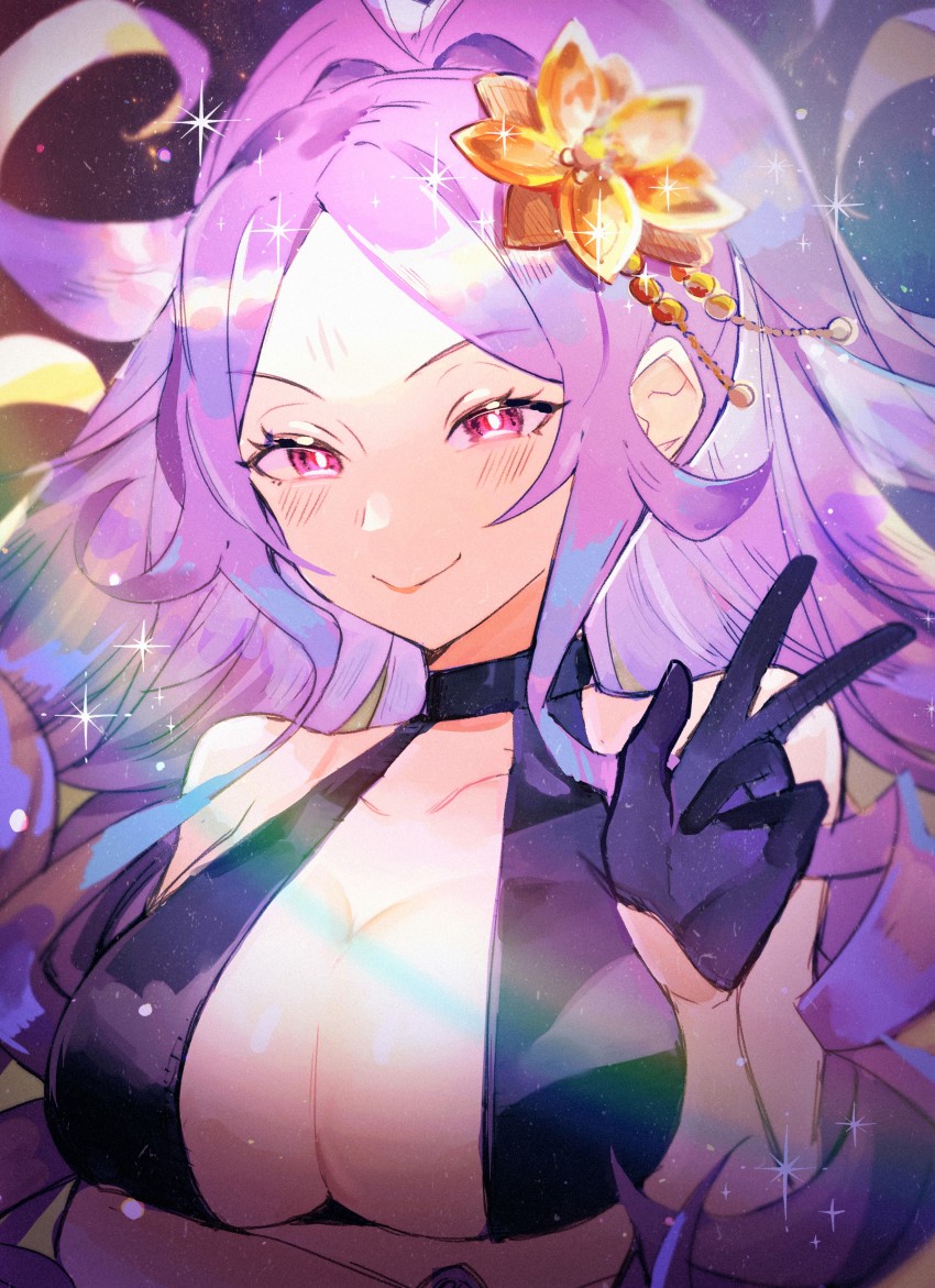 1girl absurdres bare_shoulders bikini black_bikini black_cape black_gloves breasts cape cleavage collarbone dogdogwanwan facial_mark fate/grand_order fate_(series) flower forehead forehead_mark fur-trimmed_cape fur_trim gloves hair_flower hair_ornament half_gloves highres large_breasts long_hair looking_at_viewer parted_bangs ponytail purple_eyes purple_hair sidelocks smile solo swimsuit very_long_hair wu_zetian_(fate) wu_zetian_(swimsuit_caster)_(fate) wu_zetian_(swimsuit_caster)_(third_ascension)_(fate)