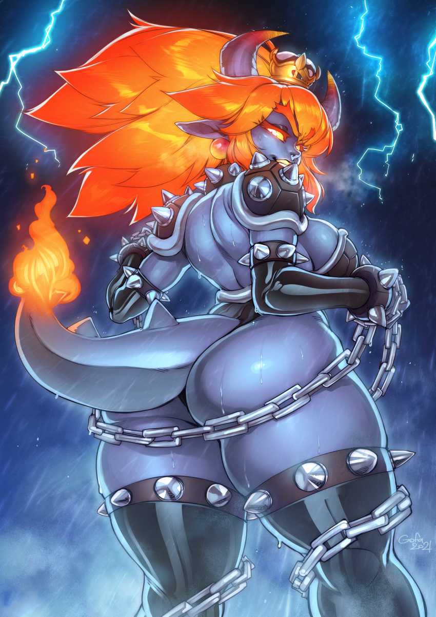 1girl absurdres armlet ass big_hair black_leotard blowing_smoke blue_skin bowsette bracelet breasts breathing_smoke chain collar colored_skin crown deep_skin elbow_gloves electricity fire fury_bowser giant giantess gloves glowing glowing_eyes gluteal_fold gofa gradient_hair highres horns jewelry kaiju large_breasts leotard lightning looking_at_viewer looking_back mario_(series) monster_girl multicolored_hair new_super_mario_bros._u_deluxe nintendo pointy_ears rain shoulder_pads shoulder_spikes smile smoke solo spiked_armlet spiked_bracelet spiked_thighlet spikes steam storm super_crown super_mario_3d_world thick_thighs thighlet thighs thong thong_leotard water_drop wet