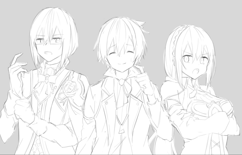 1girl 2boys clovis_(grimms_notes) ex_(grimms_notes) grimms_notes highres iumi_urura multiple_boys reina_(grimms_notes)