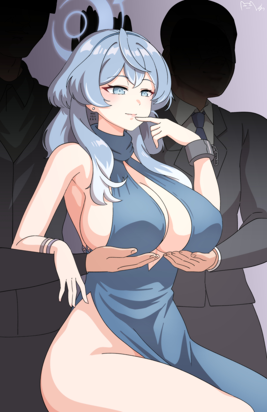 1girl 2boys absurdres ako_(blue_archive) ako_(dress)_(blue_archive) bare_shoulders blue_archive blue_dress blue_eyes blue_hair blue_halo blue_necktie bracelet breast_hold breasts business_suit chain closed_mouth cuffs dress earrings faceless faceless_male finger_to_mouth formal_clothes gradient_hair grey_jacket grey_pants halo halter_dress halterneck highres jacket jewelry large_breasts light_smile long_hair majinmallow meme multicolored_hair multiple_boys necktie no_panties official_alternate_costume pants plunging_neckline servants_holding_aphrodite&#039;s_breasts_(meme) shackles shuumatsu_no_valkyrie side_slit sideboob sideless_dress sitting sleeveless sleeveless_dress stud_earrings suit white_hair