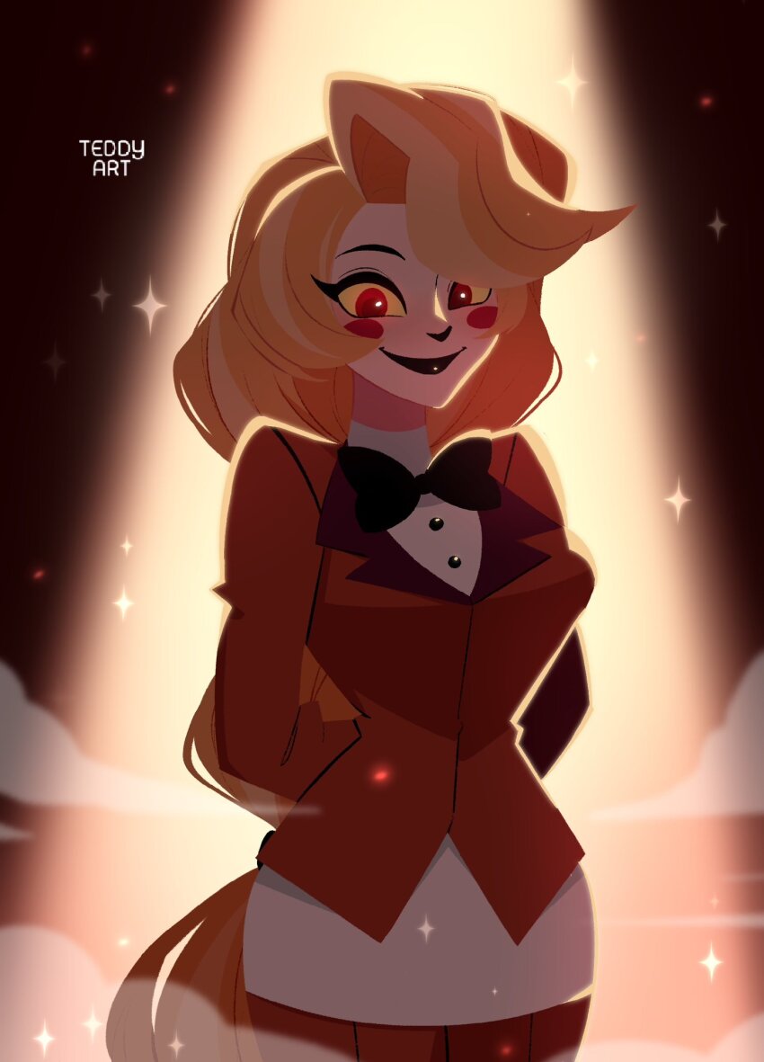 1girl blonde_hair blush_stickers charlie_morningstar colored_sclera demon_girl formal_clothes hazbin_hotel highres pink_suit red_eyes smile solo suit teddy_teddd yellow_sclera
