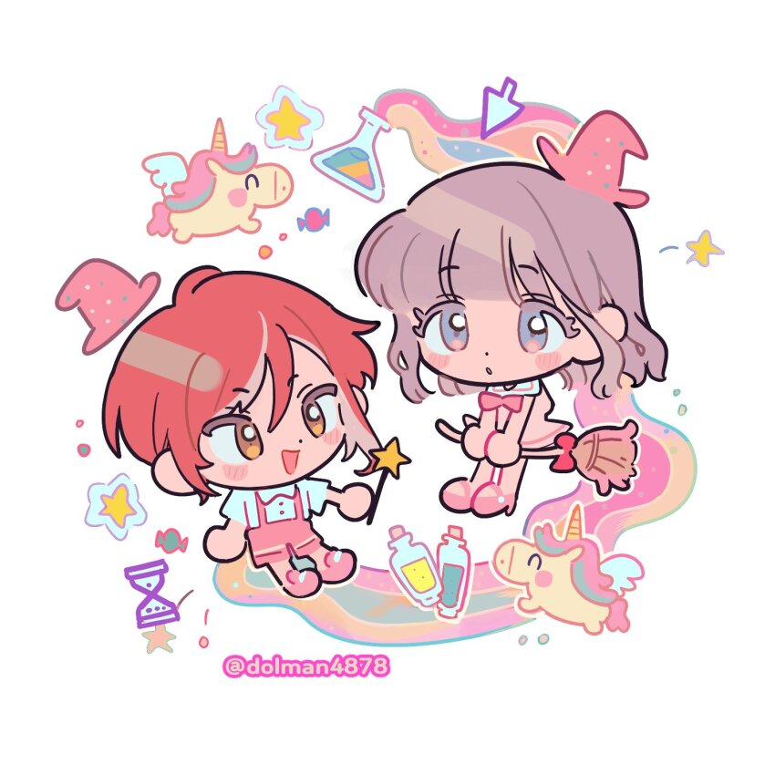 1boy 1girl beaker blunt_bangs blunt_ends blush_stickers border borrowed_character bow broom brown_eyes chibi chibi_only commission cursor dolman_(dm) doodle_inset dot_nose dress full_body grey_eyes hat highres holding holding_broom holding_wand layered_clothes light_brown_hair mini_hat multicolored_hair original overalls parted_lips pastel_colors pink_bow pink_dress pink_hat pink_overalls pink_shoes red_hair round_border shirt shoes short_hair single_sidelock star_wand streaked_hair triangle_mouth twitter_username two-handed unicorn v_arms wand white_background white_shirt witch_hat