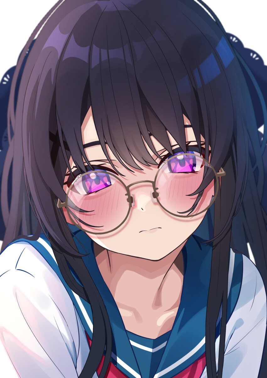 1girl 3: absurdres ao_no_kanata_no_four_rhythm bespectacled black_hair black_ribbon blue_sailor_collar blush close-up closed_mouth collarbone commentary_request eyebrows_hidden_by_hair eyelashes glasses hair_between_eyes hair_ornament hair_ribbon highres lace lace-trimmed_ribbon lace_trim lips long_hair looking_at_viewer pororo_(r_pororo) purple_eyes ribbon round_eyewear sailor_collar school_uniform serafuku shirt shy sidelocks simple_background solo split_mouth tobisawa_misaki tsurime white_background white_shirt x_hair_ornament