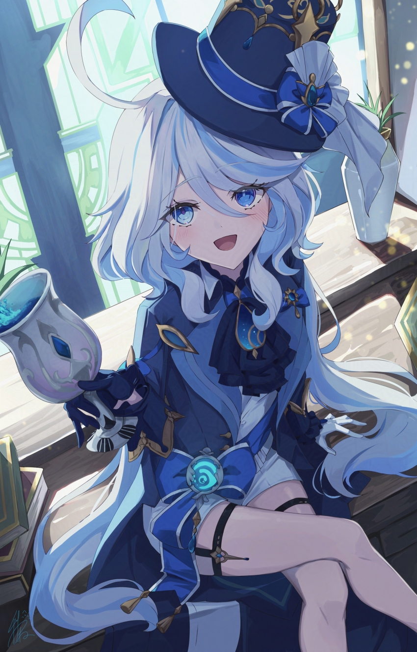 1girl absurdres ahoge aki_tsune blue_eyes blue_hair blue_hat blue_jacket furina_(genshin_impact) genshin_impact gloves hair_between_eyes hat highres jacket long_hair long_sleeves looking_at_viewer multicolored_hair open_mouth solo