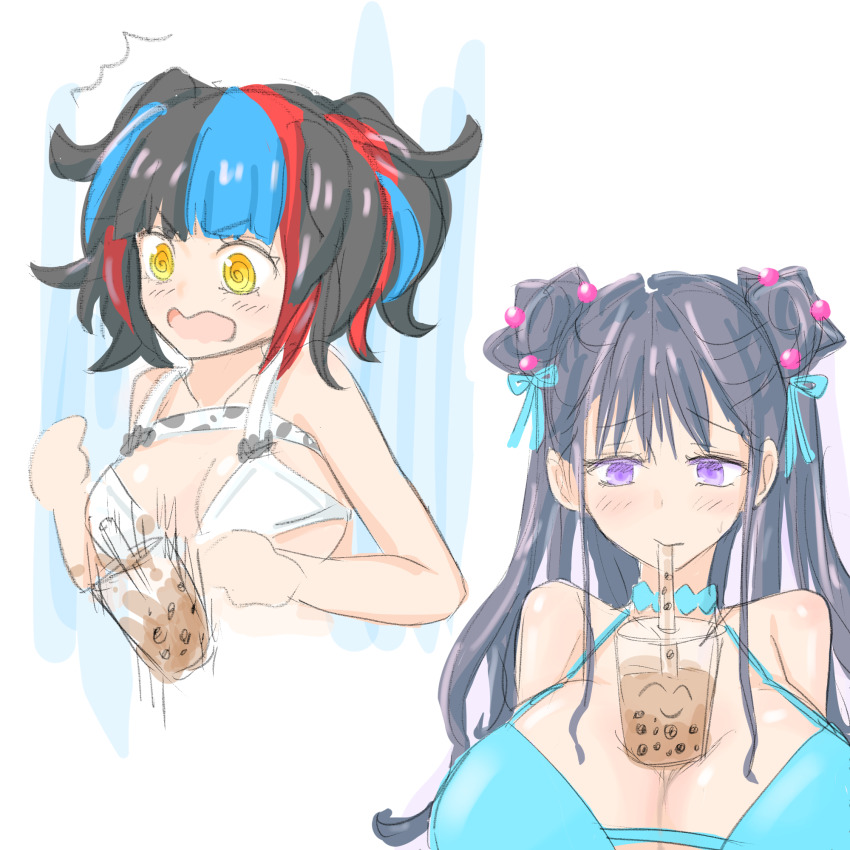 2girls ^ ^^^ bare_shoulders bearandtangerin bikini black_hair blue_hair blush bottle_between_breasts breasts bubble_tea bubble_tea_challenge bubble_tea_challenge_failure commentary comparison drinking embarrassed english_commentary fate/grand_order fate_(series) highres large_breasts multicolored_hair multiple_girls murasaki_shikibu_(fate) murasaki_shikibu_(swimsuit_rider)_(third_ascension)_(fate) open_mouth purple_eyes red_hair sei_shounagon_(fate) sei_shounagon_(swimsuit_berserker)_(first_ascension)_(fate) short_hair short_shorts short_twintails shorts simple_background small_breasts smile surprised swimsuit twintails white_background white_bikini yellow_eyes